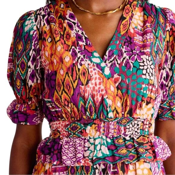 AVARA Boutique Mya Colorful Tribal Mix Print Maxi Dress Ruffle Puff Sleeve XXL - Picture 3 of 12